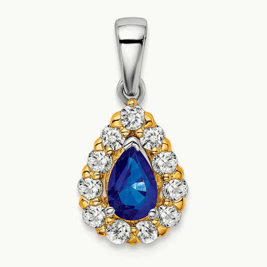 Pear Sapphire and Diamond Halo Pendant, 14K Two-tone