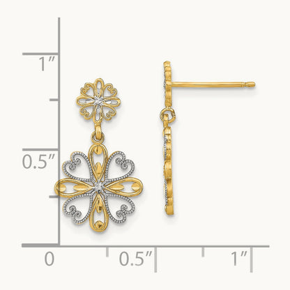 w/Rhodium Beaded Heart Petal Floral Dangle Earrings, 14K