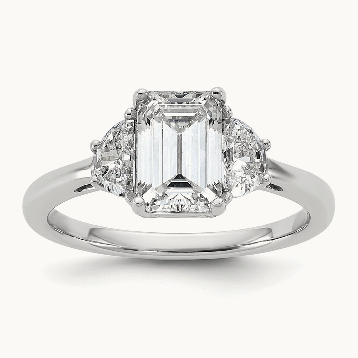 Semi-Mount Emerald & 1/2 Moon 3 Stone Engagement Ring, 0.25-1.00 ct tw Lab-Grown Diamond — 1/2 ct, 14K White Gold