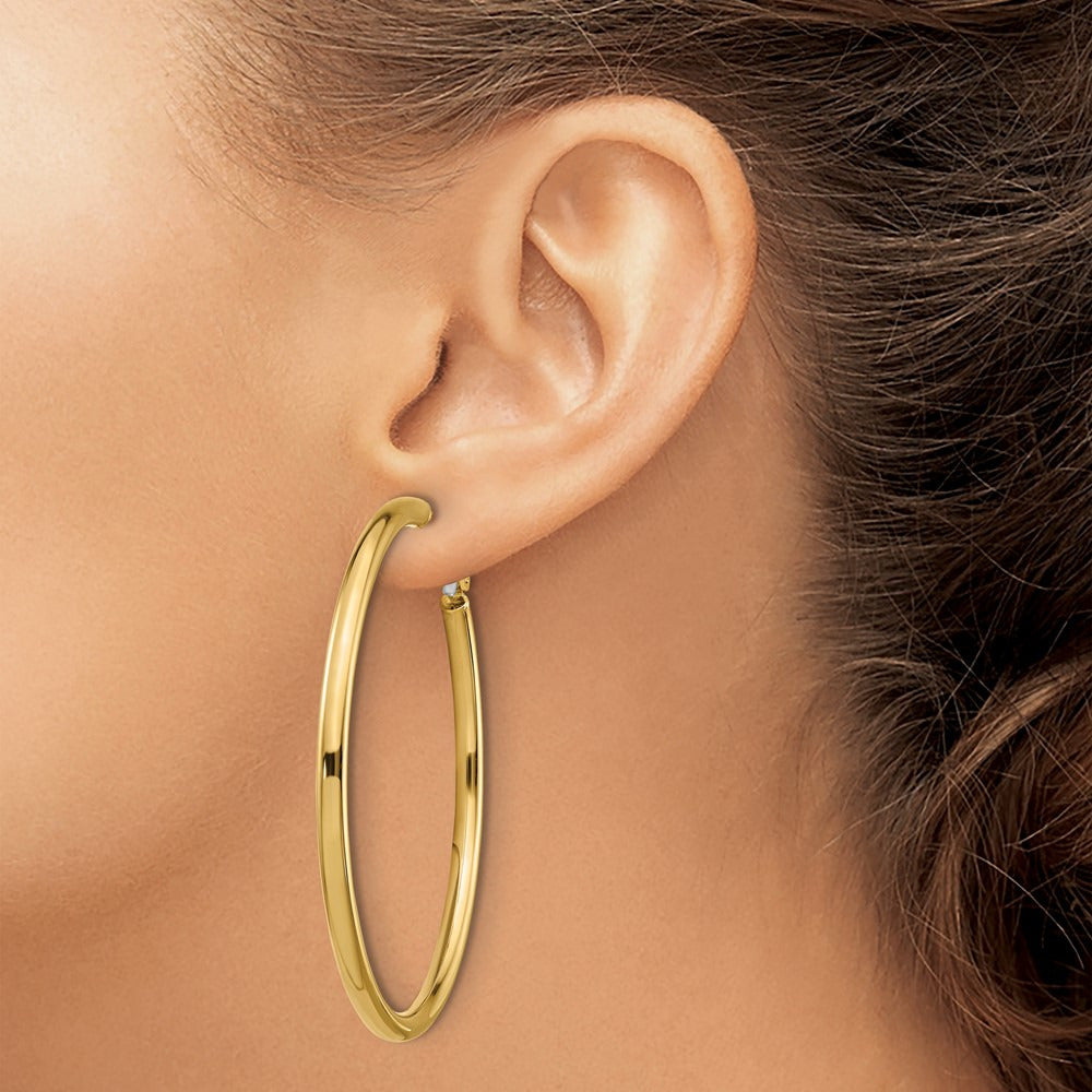 Polished Round Omega Back Hoop Earrings — 14K Yellow Gold, 3x52mm