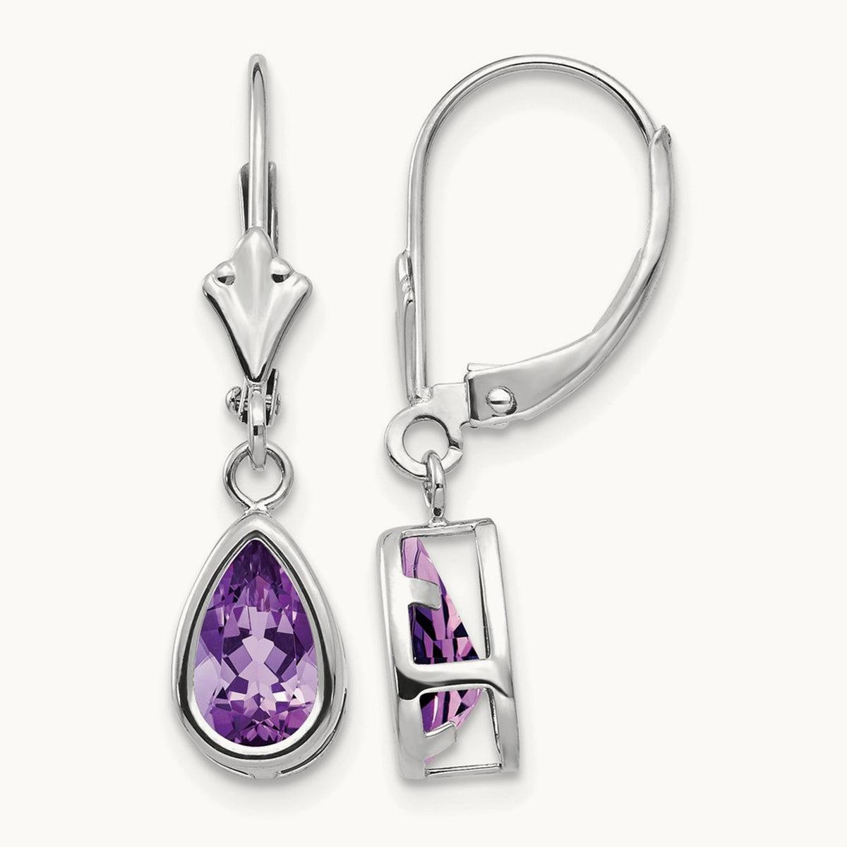 8x5mm Pear Amethyst Leverback Earrings, 14K White Gold