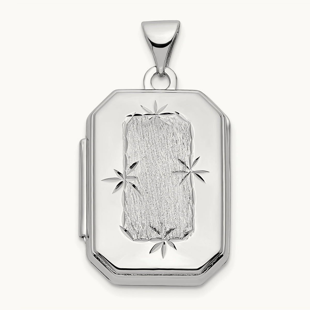 Diamond-cut Brushed Rectangular Locket — 14K White Gold