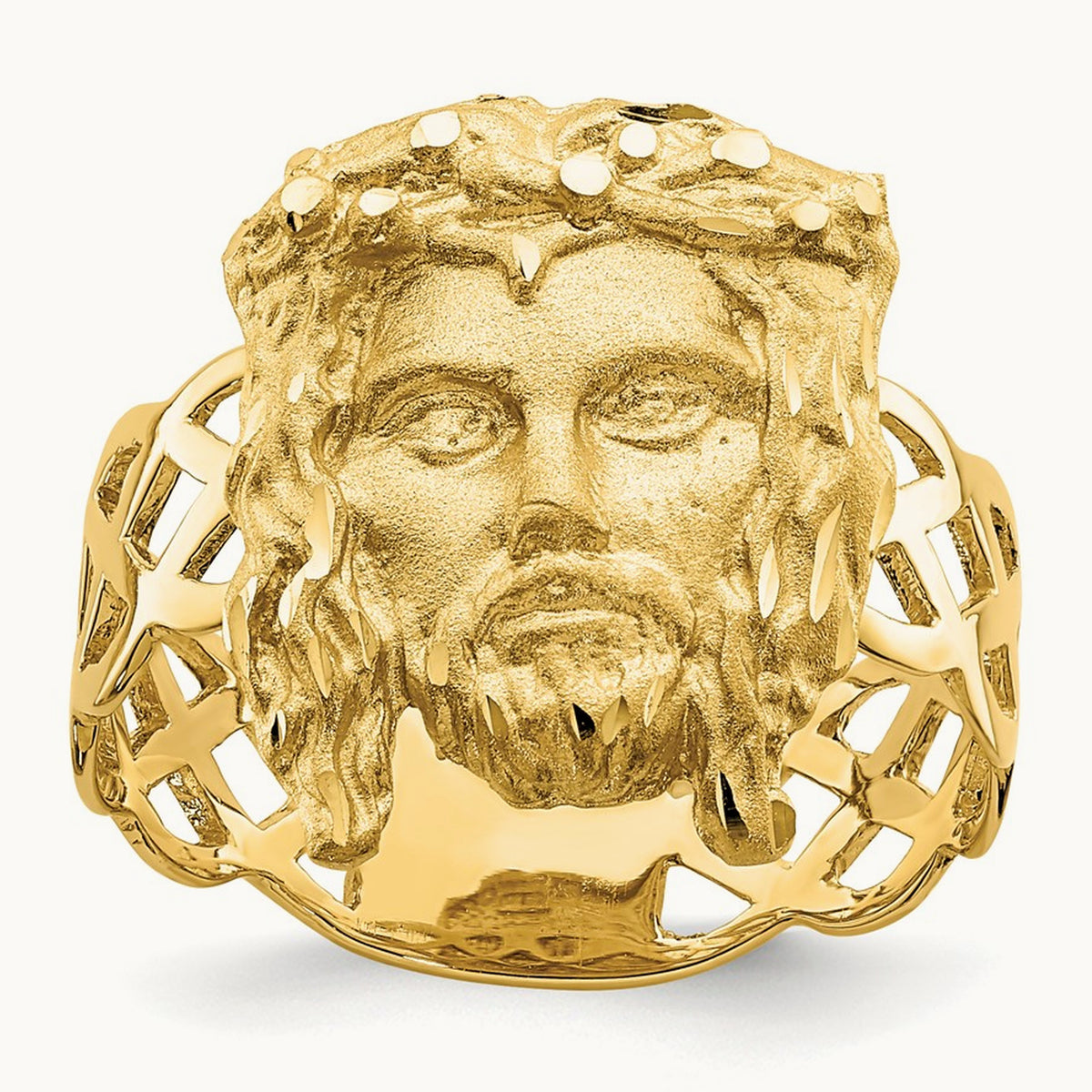Brushed & Polished D/C Jesus Head Ring, 14K