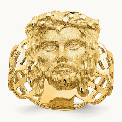 Brushed & Polished D/C Jesus Head Ring, 14K