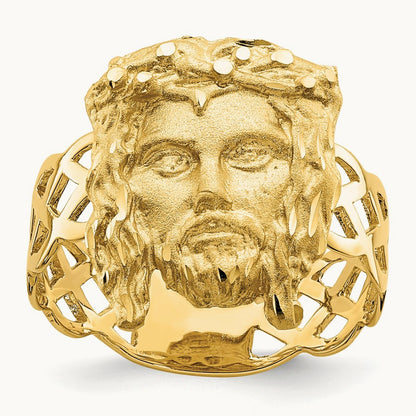 Brushed & Polished D/C Jesus Head Ring, 14K