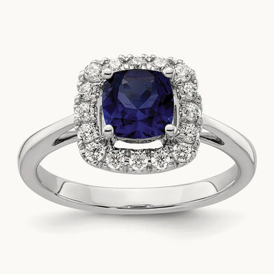 Sept Birthstone Created Sapphire Halo Ring, 0.25 ct tw Lab-Grown Diamond