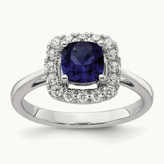 Sept Birthstone Created Sapphire Halo Ring, 0.25 ct tw Lab-Grown Diamond