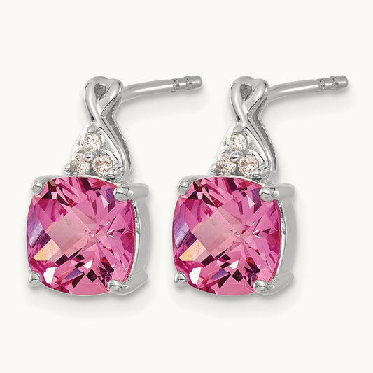 Checkerboard Created Pink Sapphire and Diamond Earrings, 14K White Gold