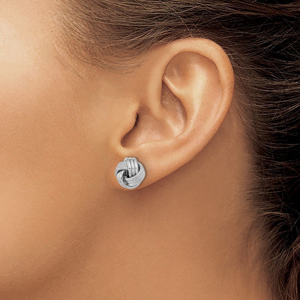 Polished Textured Love Knot Post Earrings — 14K White Gold, 10.5mm