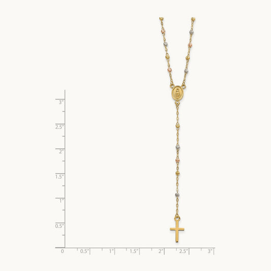 Tri-color Beaded Rosary 17 inch w/ 3in ext Necklace, 14K