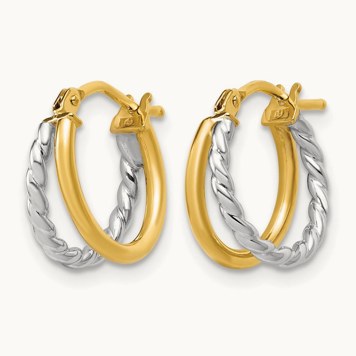 Polished and Twisted 2-row J-Hoop Earrings — 14K Two-Tone Gold