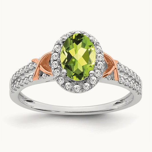 w/RG Accent Peridot and Diamond Halo Ring, 14K White Gold