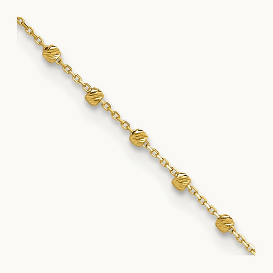 Polished Diamond-cut Beaded 9in Plus .75in ext. Anklet, 14K