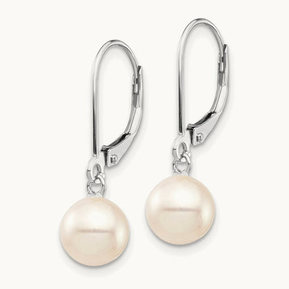 WG 7- Rnd White Freshwater Cultured Pearl Dangle Earrings, 8mm, 14K