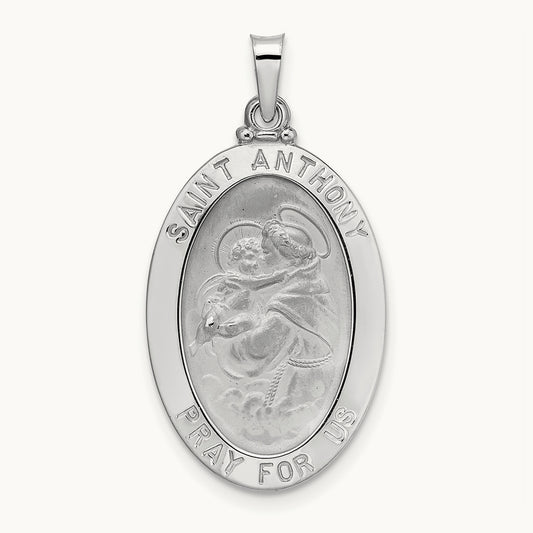 Polished Solid Oval St Anthony Medal Pendant, 14K White Gold