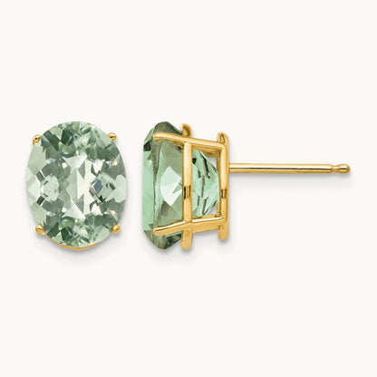 10x8 Oval Checker-Cut Green Quartz Earrings — 14K Yellow Gold