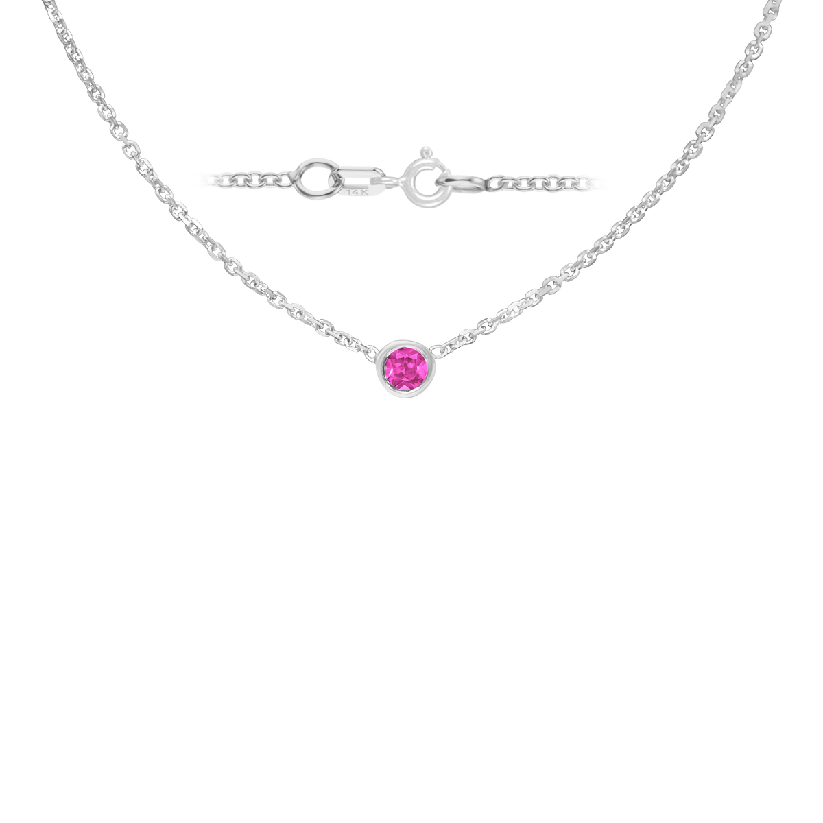 Gemstone Round Bezel Charm in 14K White Gold Necklace