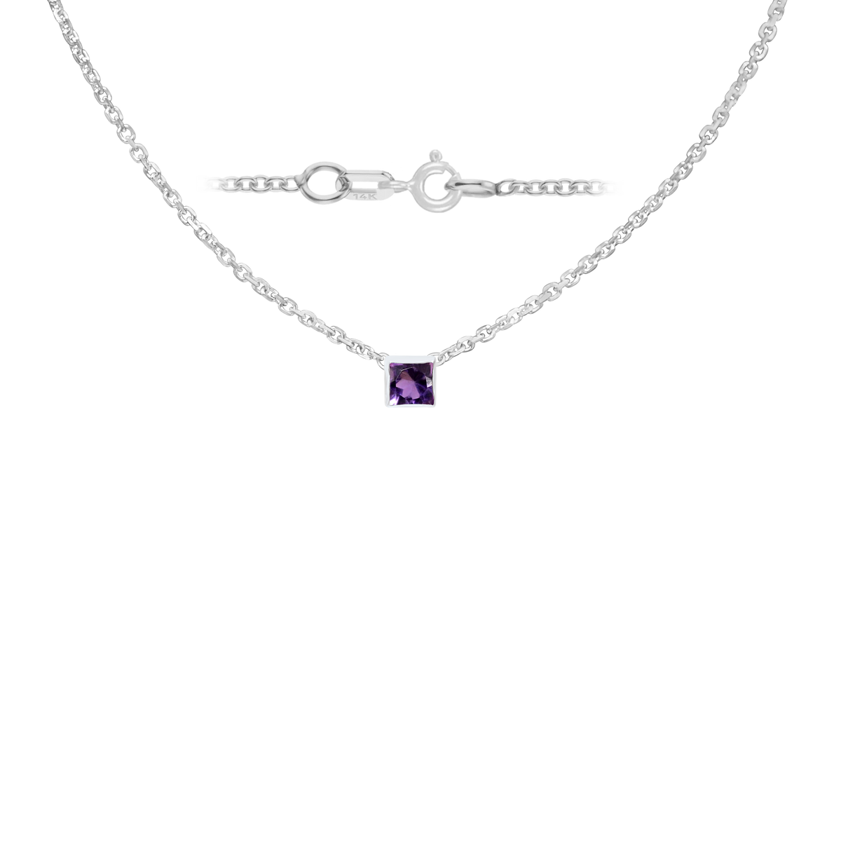 Gemstone Square Bezel Charm in 14K White Gold Necklace