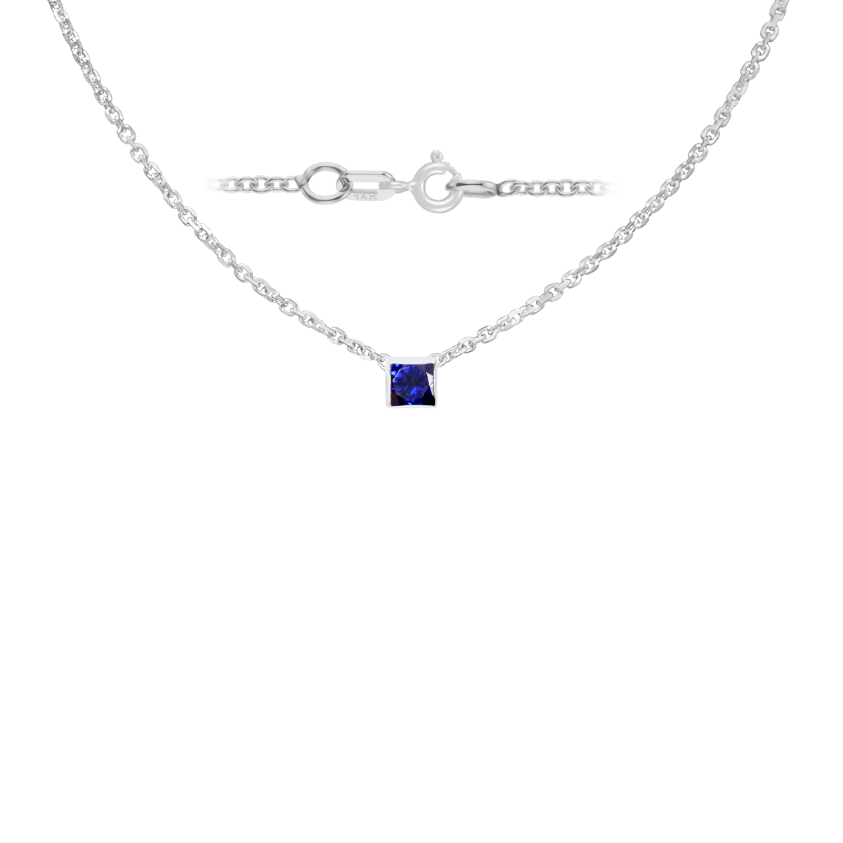 Gemstone Square Bezel Charm in 14K White Gold Necklace