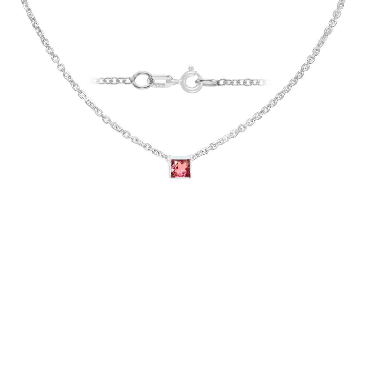 Gemstone Square Bezel Charm in 14K White Gold Necklace