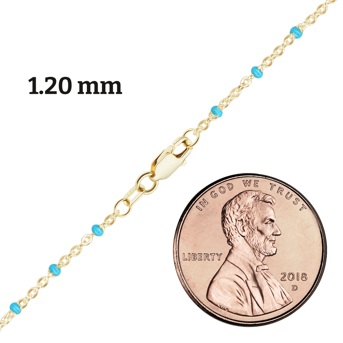 Cable Necklace with Teal Enamel Beads in 14K yellow gold