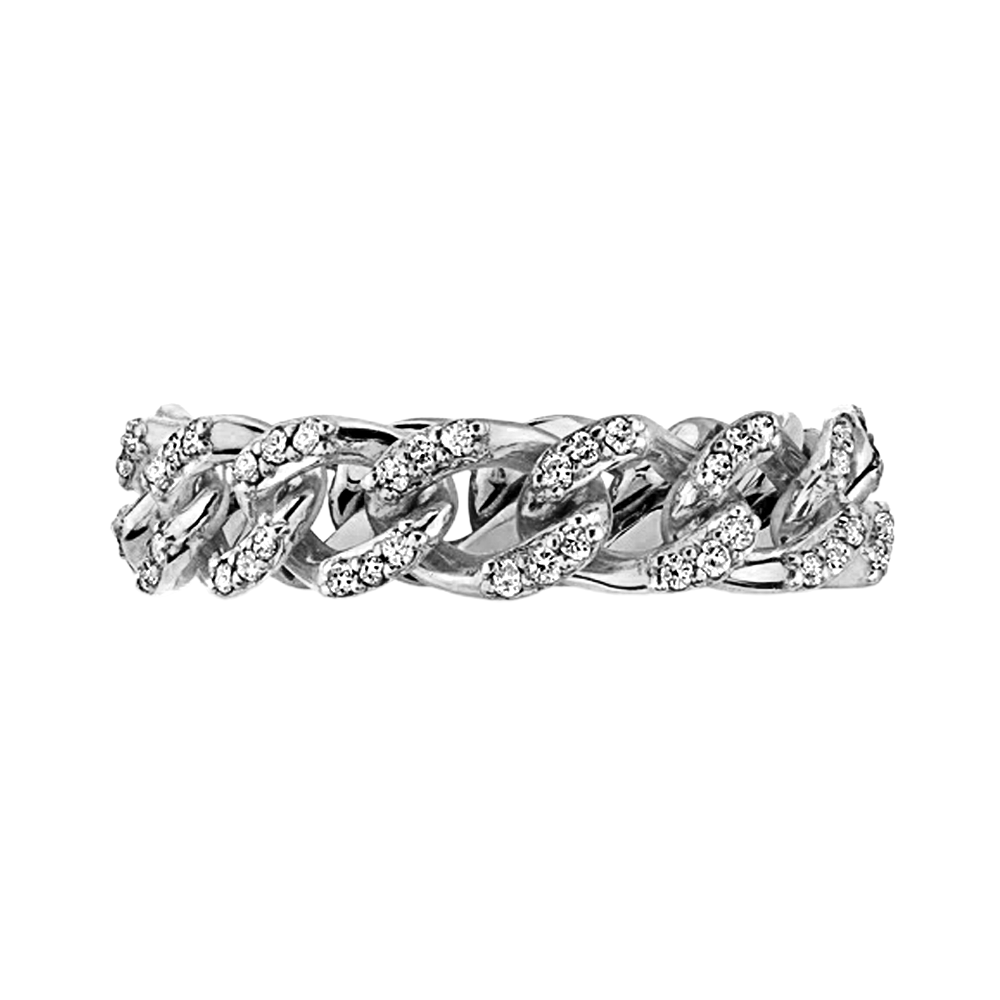 Classic Curb Chain Ring with Pave Set Natural Diamonds in 14K White Gold