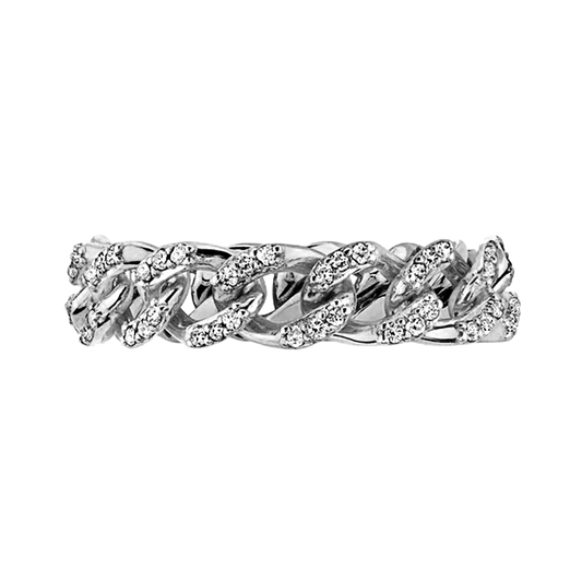 Classic Curb Chain Ring with Pave Set Natural Diamonds in 14K White Gold