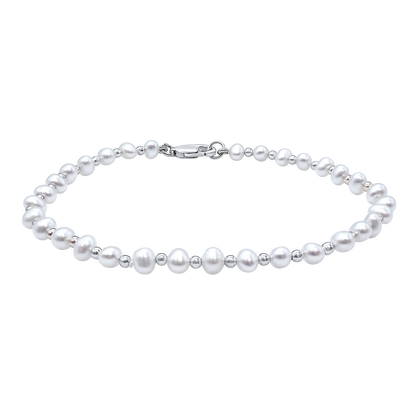 Organic Freshwater Pearl Beaded Anklet in Sterling Silver