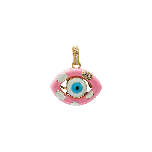 Anhänger mit bösem Blick, verziert mit rosa und weißer Emaille, aus Sterlingsilber