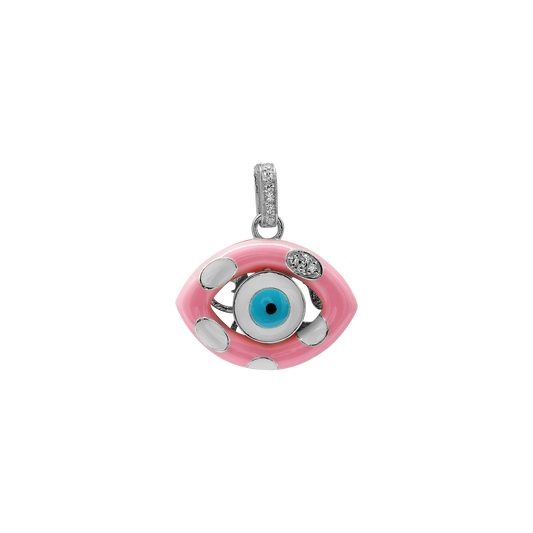 Anhänger mit bösem Blick, verziert mit rosa und weißer Emaille, aus Sterlingsilber