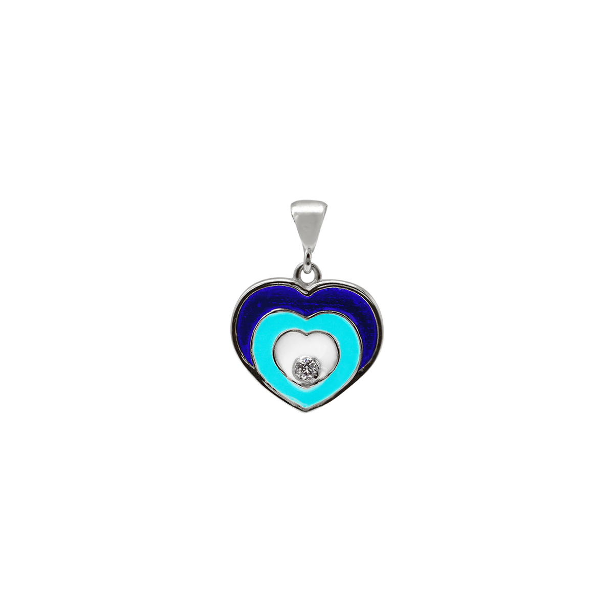 Herzförmiger Anhänger mit bösem Blick, verziert mit blauer und weißer Emaille aus Sterlingsilber