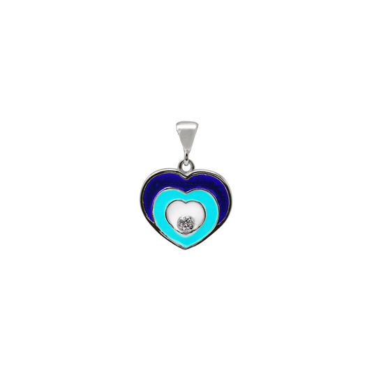 Herzförmiger Anhänger mit bösem Blick, verziert mit blauer und weißer Emaille aus Sterlingsilber