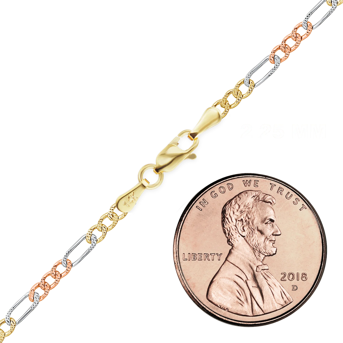 Classic Figaro Bracelet in 14K Tri-Color Gold