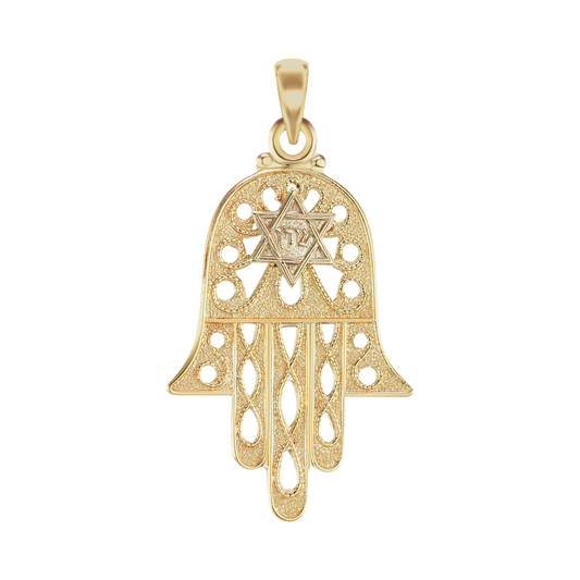 Hand of God Hamsa with Star of David Pendant in 14K yellow gold