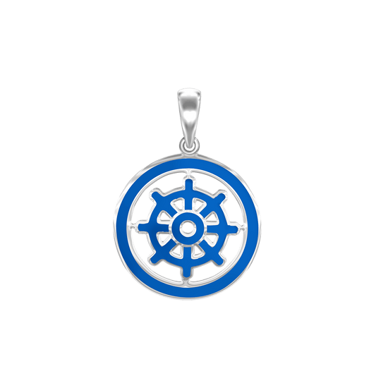 Buddhistischer Dharma-Rad-Anhänger mit blauer Emaille aus Sterlingsilber
