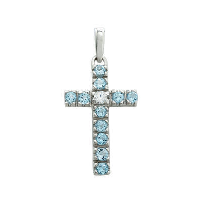 Classic Cross Pendant with Diamonds and Blue Topaz Stones in 14K white gold