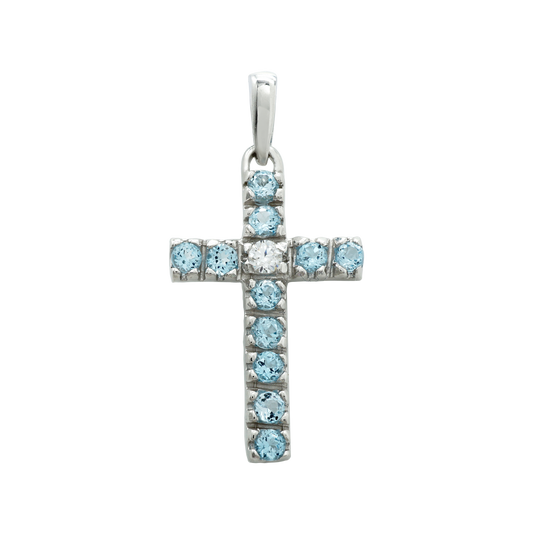 Classic Cross Pendant with Diamonds and Blue Topaz Stones in 14K white gold