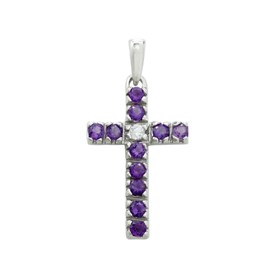 Classic Cross Pendant with Diamonds and Amethyst Stones in 14K white gold