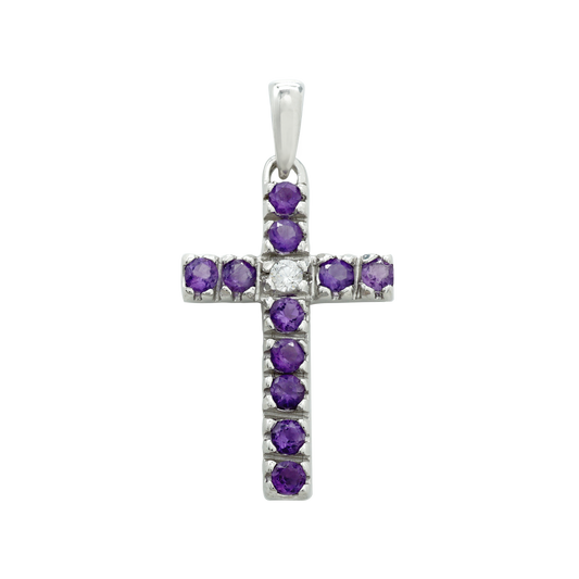 Classic Cross Pendant with Diamonds and Amethyst Stones in 14K white gold