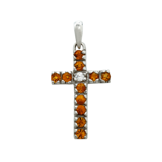 Classic Cross Pendant with Diamonds and Citrine Stones in 14K white gold