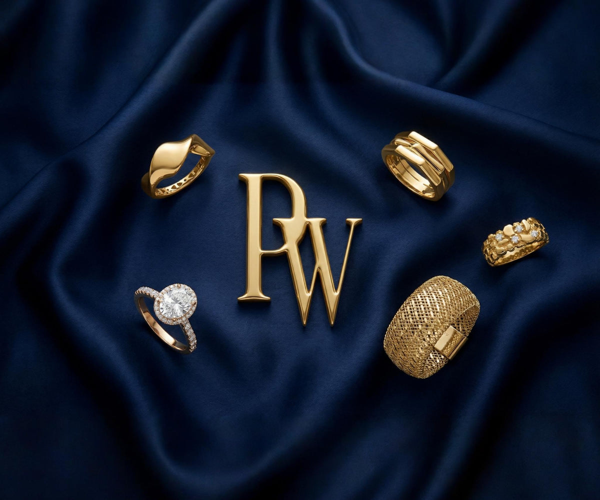 Point West Pavilion gold rings, including a diamond engagement ring and a mesh band, on dark blue silk