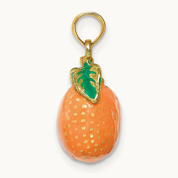 W/ Enamel 3-D Orange With Stem and Leaf Charm, 14K