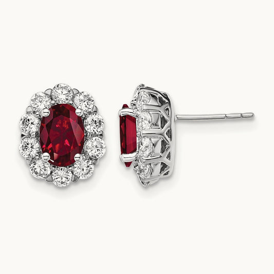 Created Ruby Halo Post Earrings, 1.25 ct tw Lab-Grown Diamond