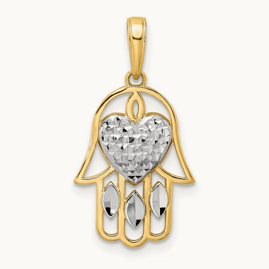 & White Rhodium D/C Heart Hamsa Pendant, 14K
