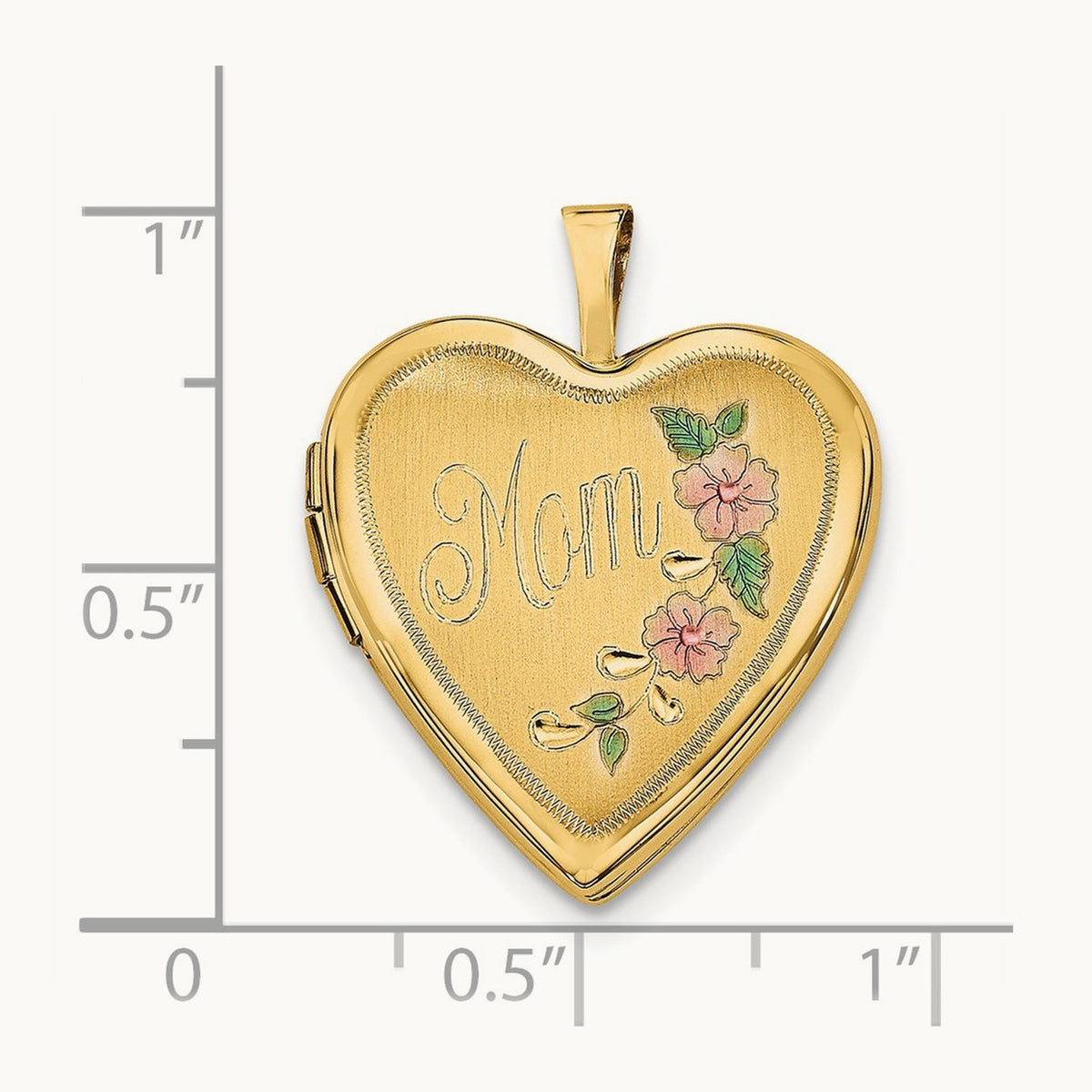 Enameled Floral MOM Heart Locket, 20mm, 14K Yellow Gold