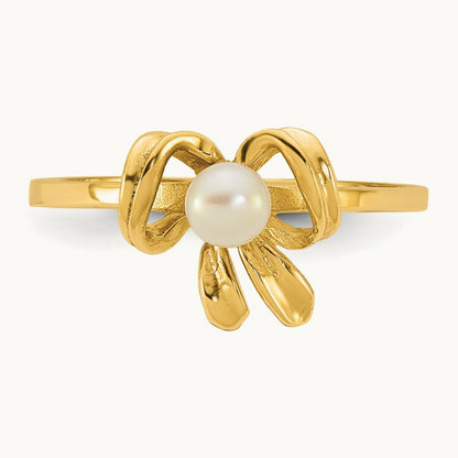 Madi K 3- White Button Freshwater Cultured Pearl Bow Children's Ring, 4mm, 14K
