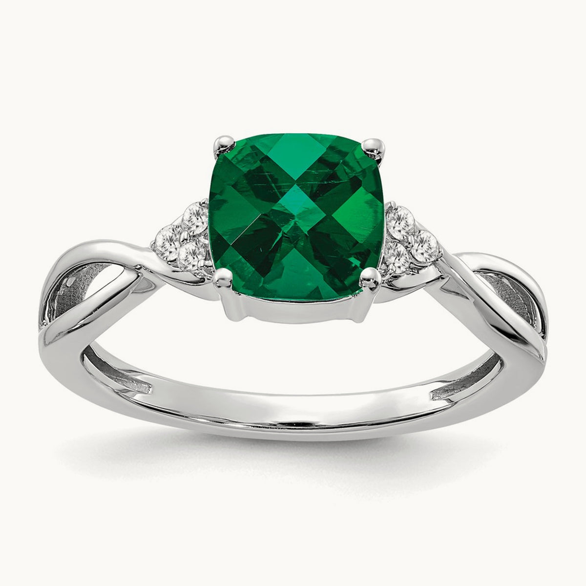 Checkerboard Created Emerald and Lab-Grown Diamond Ring — 14K White Gold, 7