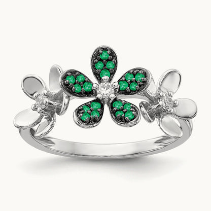 Diamond and Emerald Flower Ring, 14K White Gold