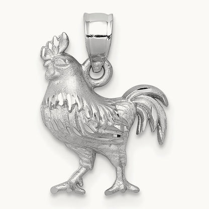 Satin Diamond-cut Rooster Pendant, 14K White Gold