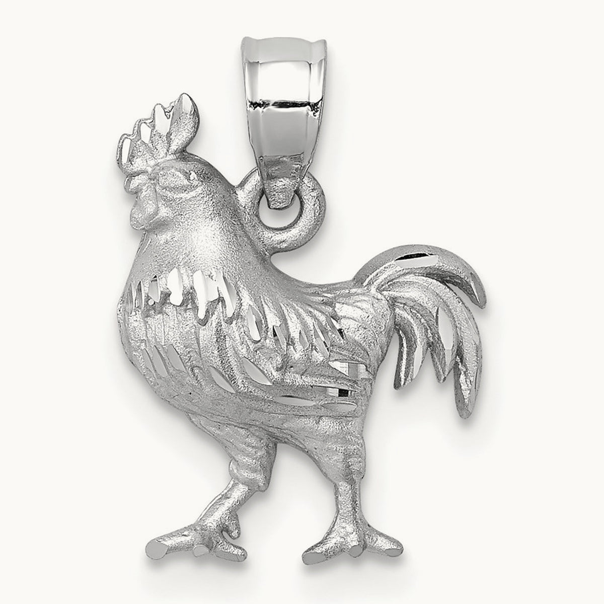 Satin Diamond-cut Rooster Pendant, 14K White Gold